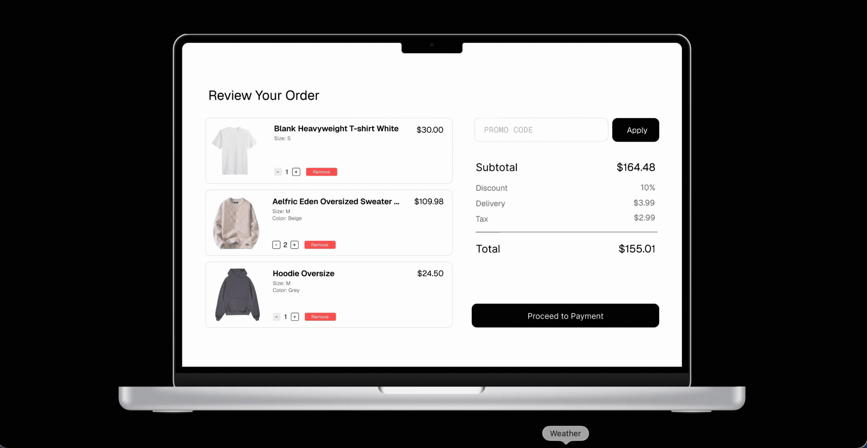Credit card checkout — review order with cart items and payment CTA